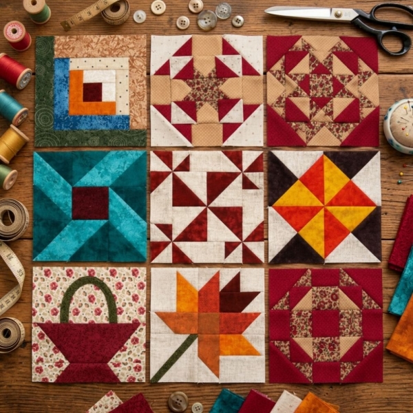 Mini Quilt em PDF do Bloco Ohio Star 15X15cm com Papel Base